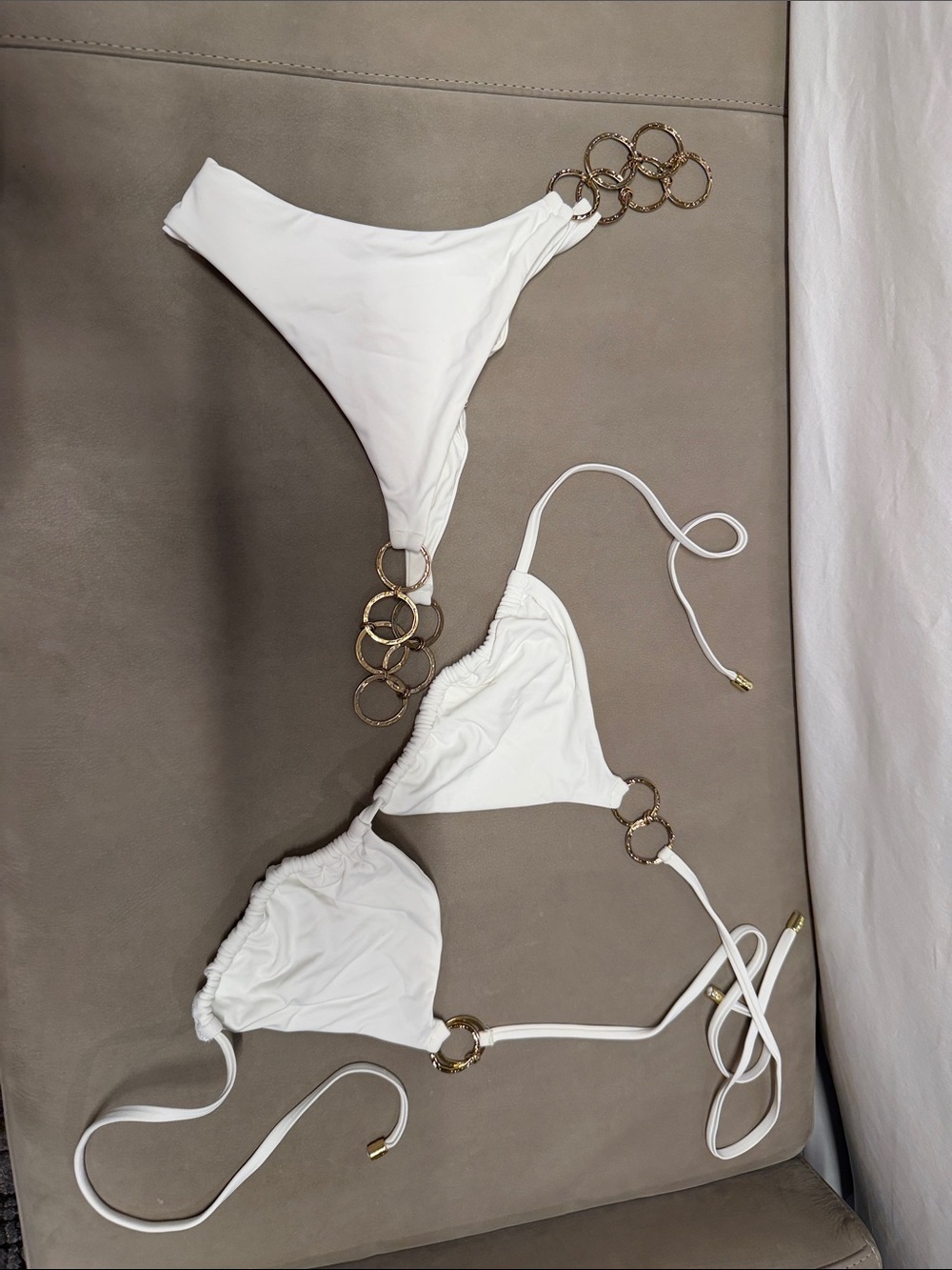 Beach Bunny White Triangle Bikini with Gold Ring Accents